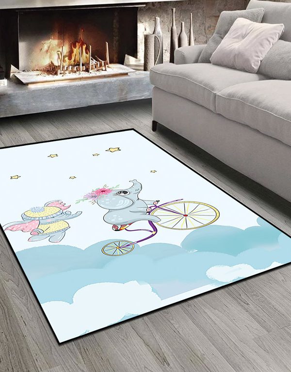 فرش چاپی طرح عروسکی فیل در حال دوچرخه سواری در آسمان