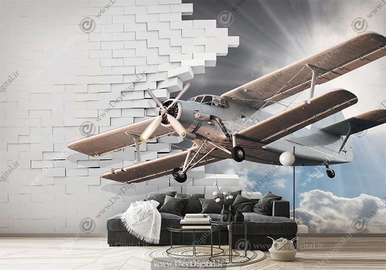 پوستر سه بعدی طرح هواپیمای ملخی در حال پرواز