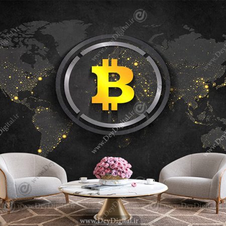 پوستر دیواری مناسب اتاق تریدری با طرح بیت کوین و نقشه طلایی از دنیا