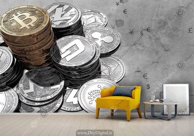 پوستر سه بعدی با طرح سکه های رمز ارز