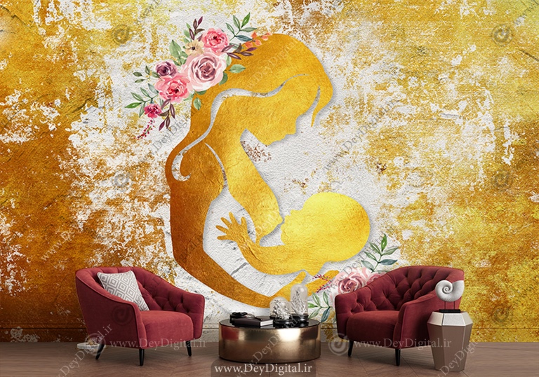 پوستر دیواری طرح گرافیکی طلایی از مادر و نوزاد