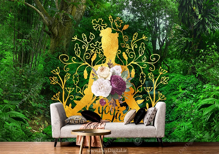 پوستر دیواری با شمایلی طلایی از زن زمینه طبیعت سبز