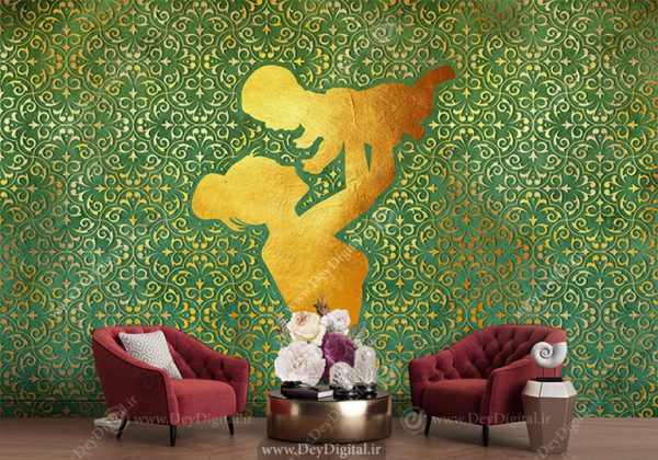پوستر سه بعدی طرح گرافیکی طلایی از مادر و نوزاد زمینه پتینه سبز