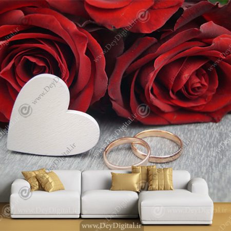 پوستر سه بعدی طرح حلقه و گل رز قرمز برای تالار