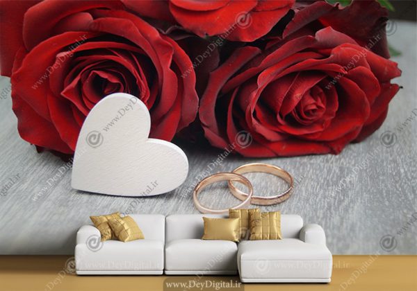 پوستر سه بعدی طرح حلقه و گل رز قرمز برای تالار