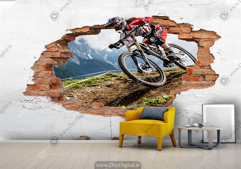 پوستر سه بعدی دوچرخه سوار در حال عبور از دیوار آجری