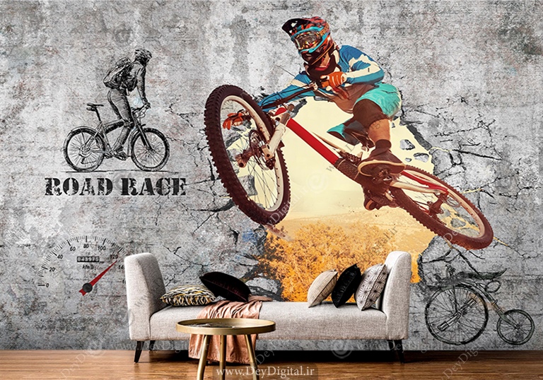 پوستر دیواری طرح گرافیکی دوچرخه سوار با تایپوگرافی