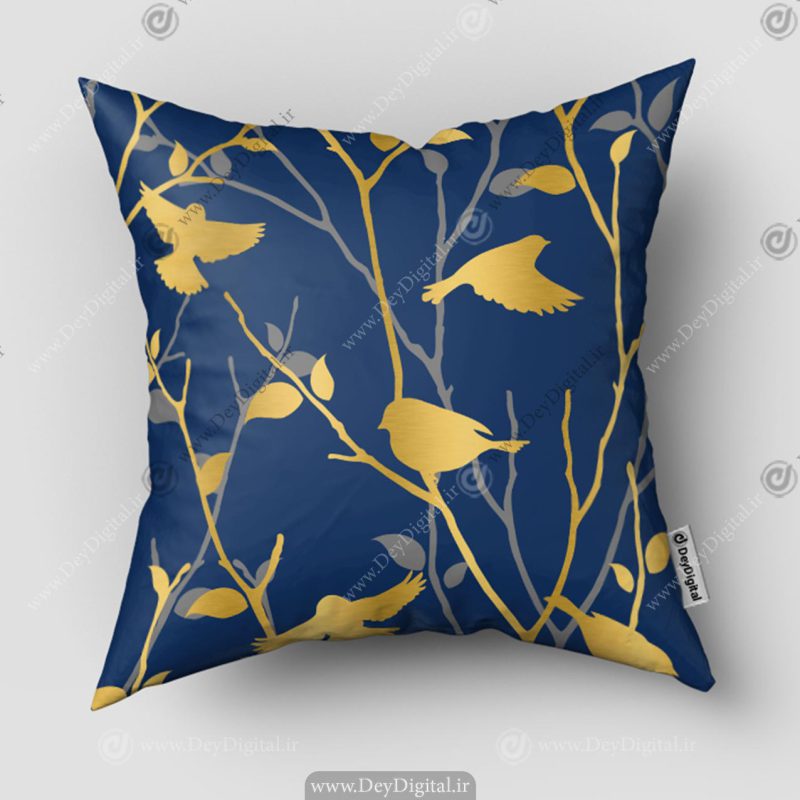 کوسن طرح پرنده طلایی روی شاخه زمینه آبی
