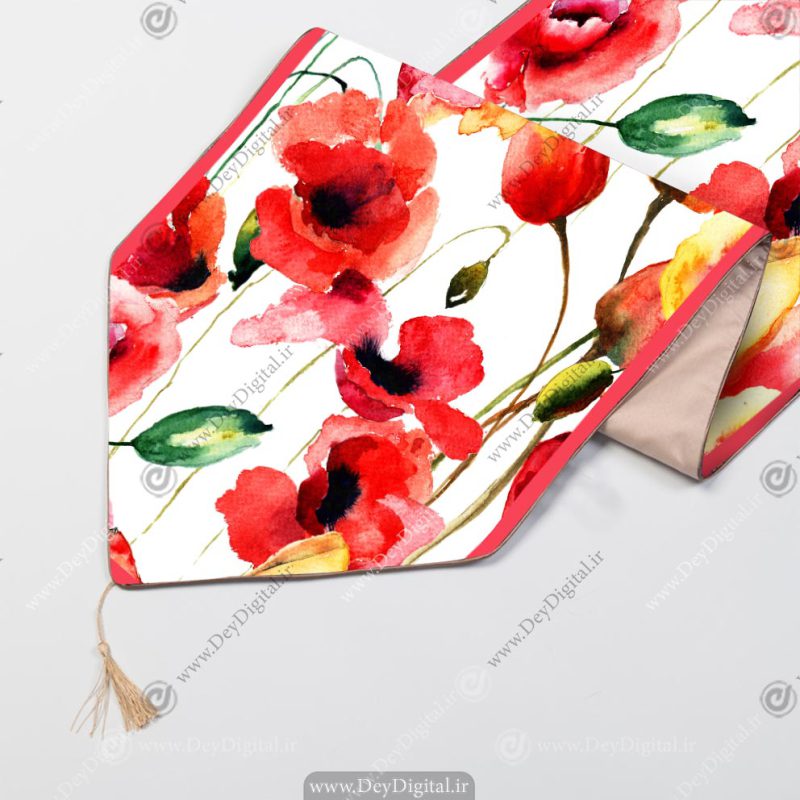 رانر چاپی طرح گل های آبرنگی قرمز