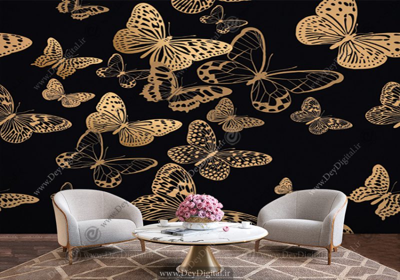 پوستر دیواری طرح پروانه طلایی با زمینه مشکی