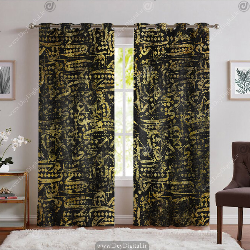 پرده پانچ سنتی مدل خطاطی مشکی طلایی