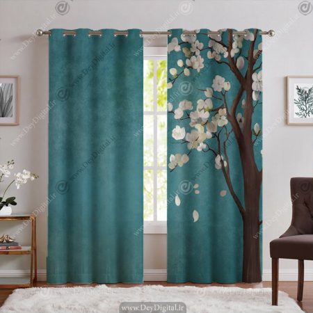 پرده چاپی طرح درخت شکوقه سفید با زمینه فیروزه ای PK-5995