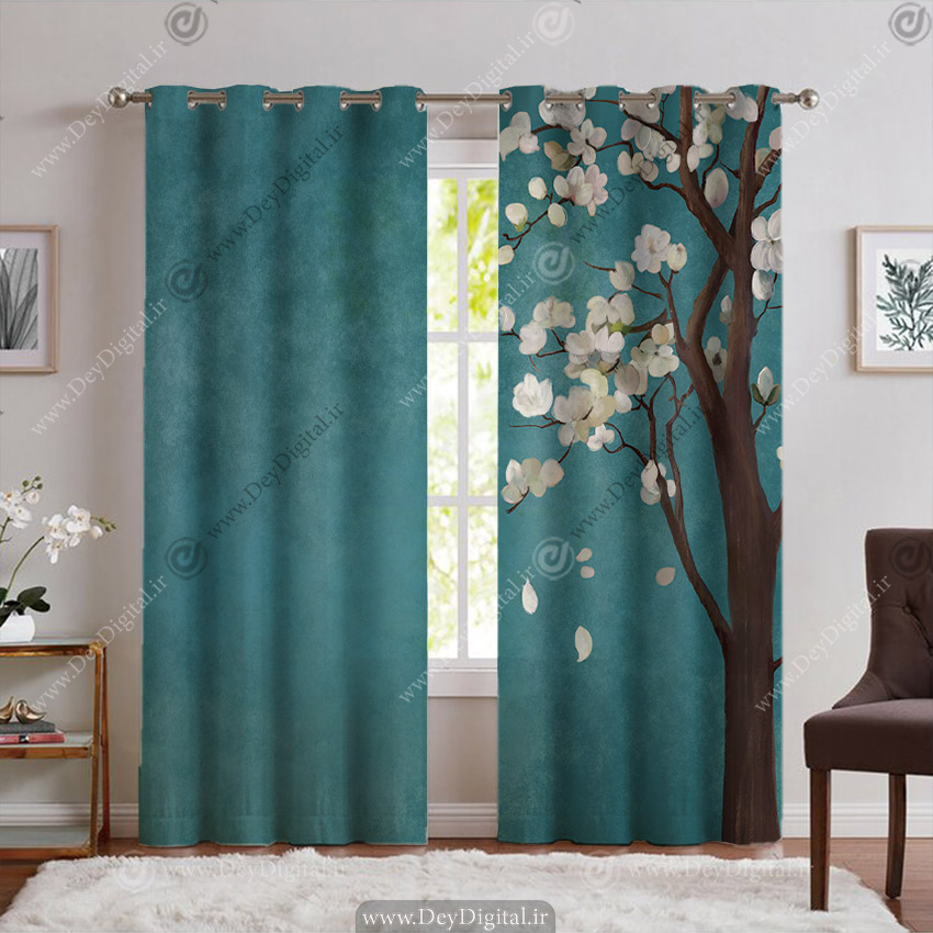 پرده چاپی طرح درخت شکوقه سفید با زمینه فیروزه ای PK-5995
