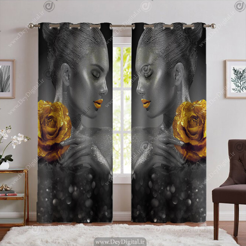 پرده پانچ سه بعدی چهره خاکستری با رز طلایی پرده پانچ سه بعدی چهره خاکستری با رز طلایی