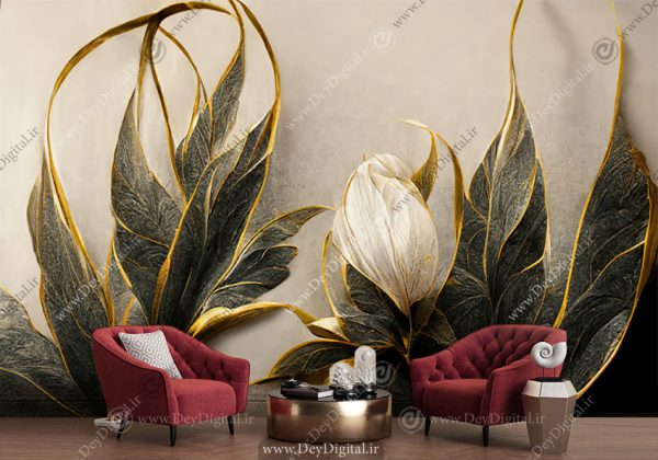 پوستر سه بعدی طرح برگ سبز طلایی لاکچری