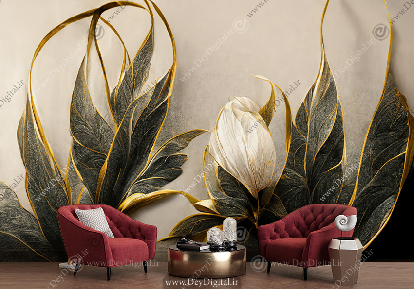 پوستر سه بعدی طرح برگ سبز طلایی لاکچری