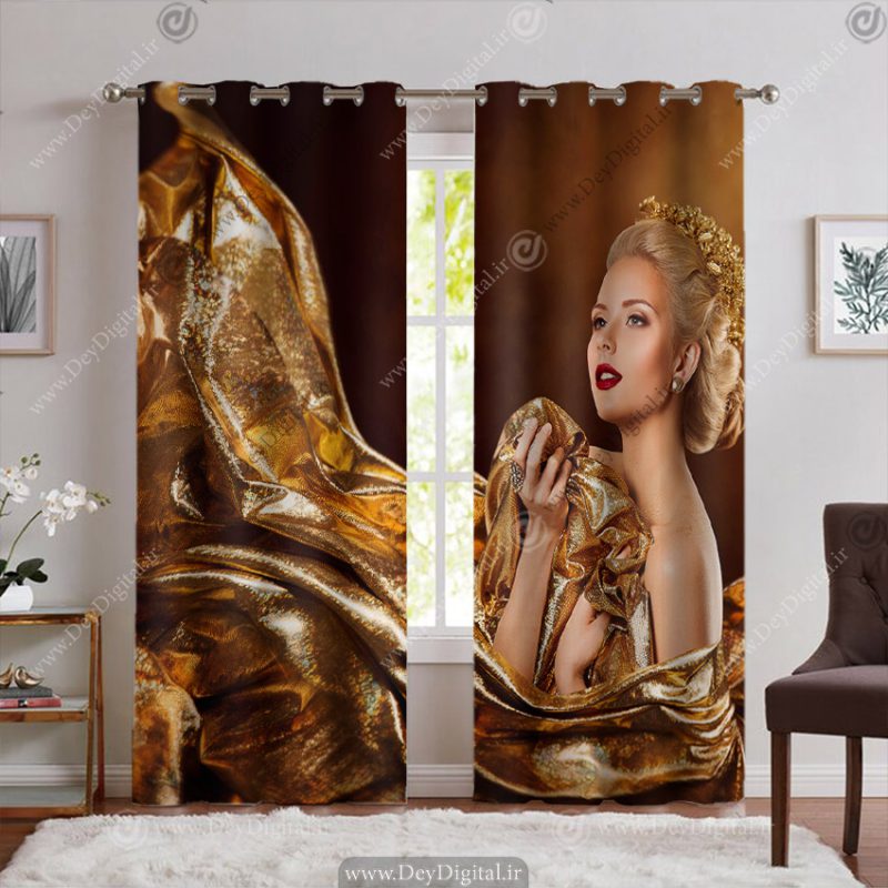 پرده چاپی سه بعدی طرح زن با لباس طلایی
