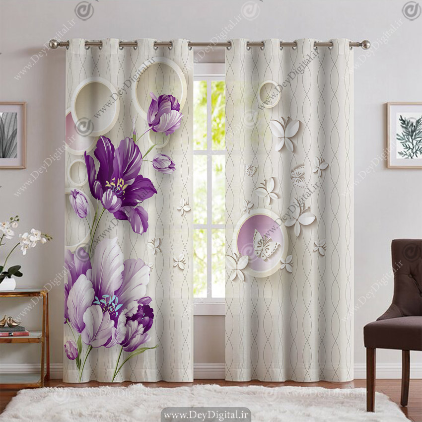 پرده پانچ گل سه بعدی بنفش