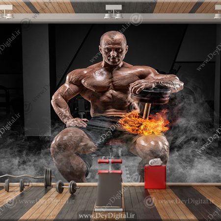 پوستر سه بعدی ورزشکار هیکل عضله ای با دمبل آتشین