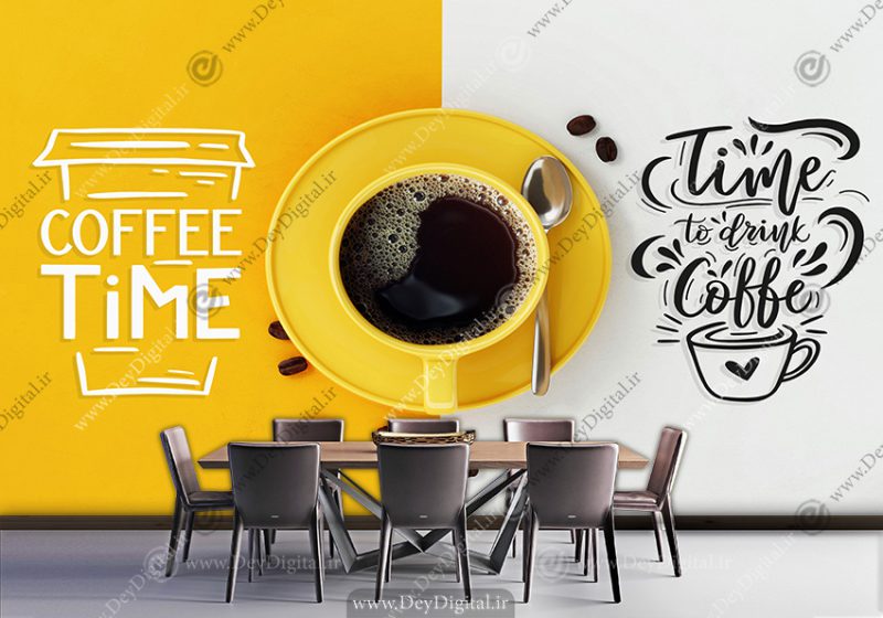 پوستر سه بعدی طرح فنجون قهوه زرد برای کافه