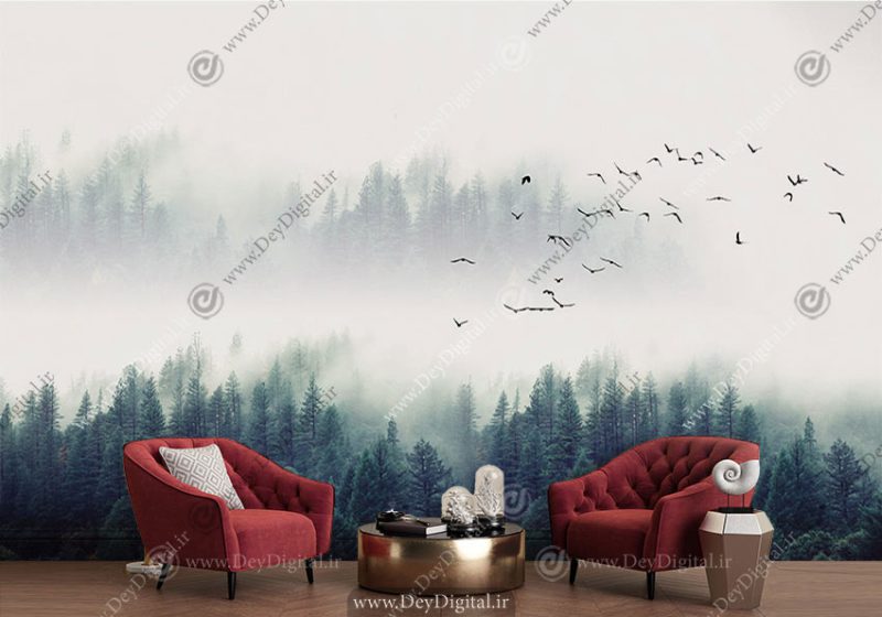 کاغذ دیواری سه بعدی طرح طبیعت نقاشی جنگل در مه