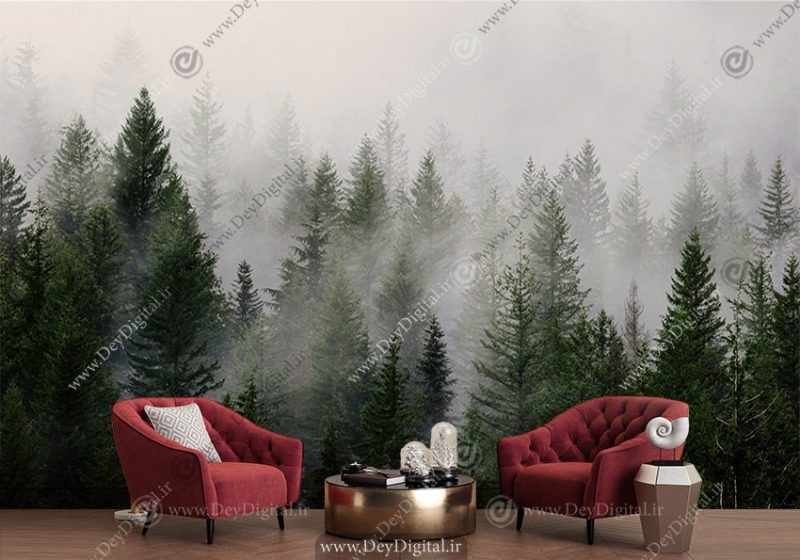 پوستر سه بعدی جنگل درختان کاج در مه