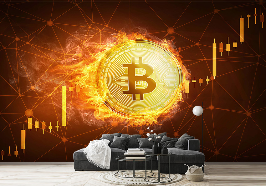 کاغذ دیواری سه بعدی طرح بیت کوین طلایی