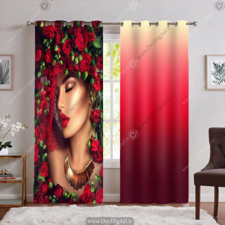 پرده پانچی آرایشگاه زنانه طرحچهره زن با گل سرخ