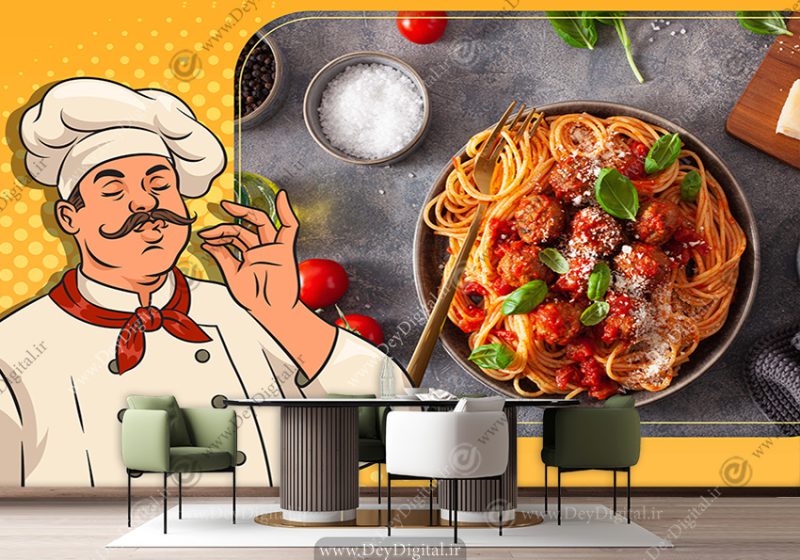کاغذ دیواری سه بعدی برای رستوران ایتالیایی طرح پاستا