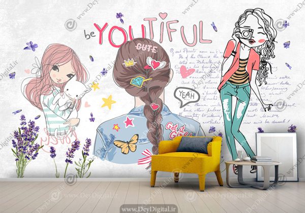 کاغذ دیواری سه بعدی اتاق دختر