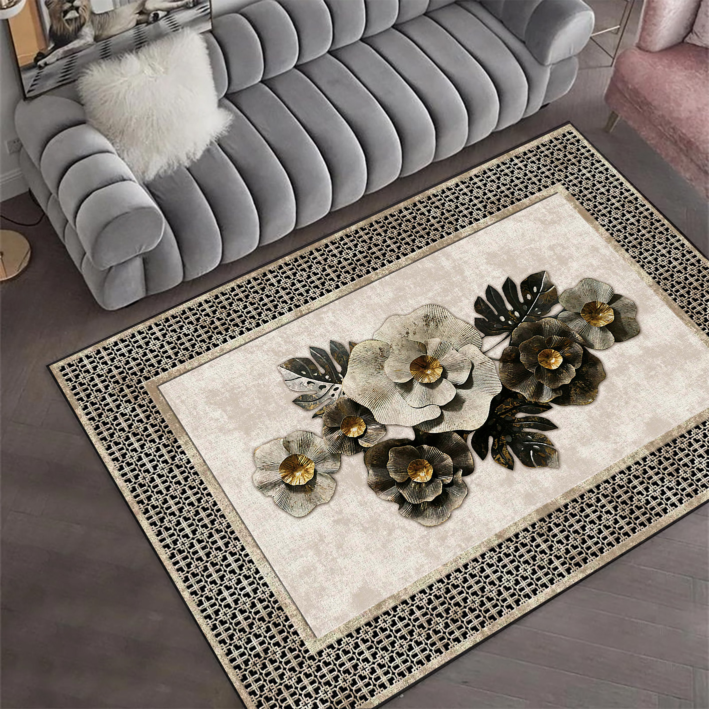 فرش چاپی طرح گل سه بعدی