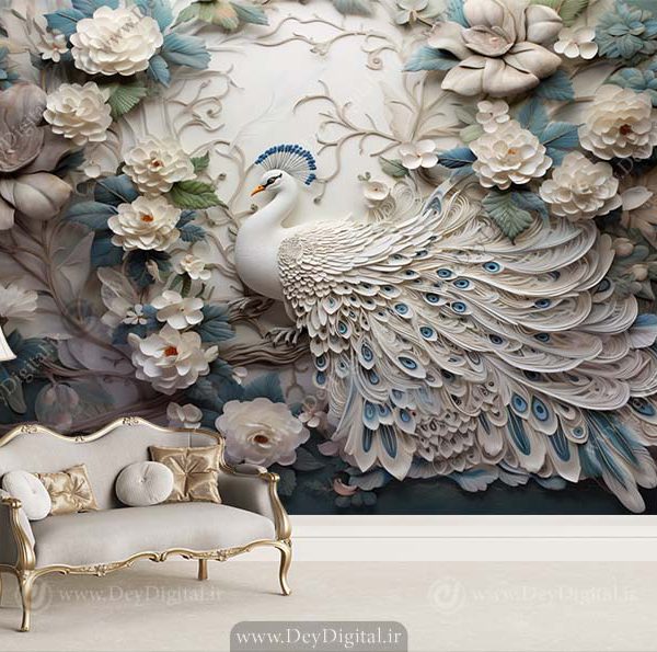 کاغذ دیواری سه بعدی پذیرایی طرح گچبری طاووس