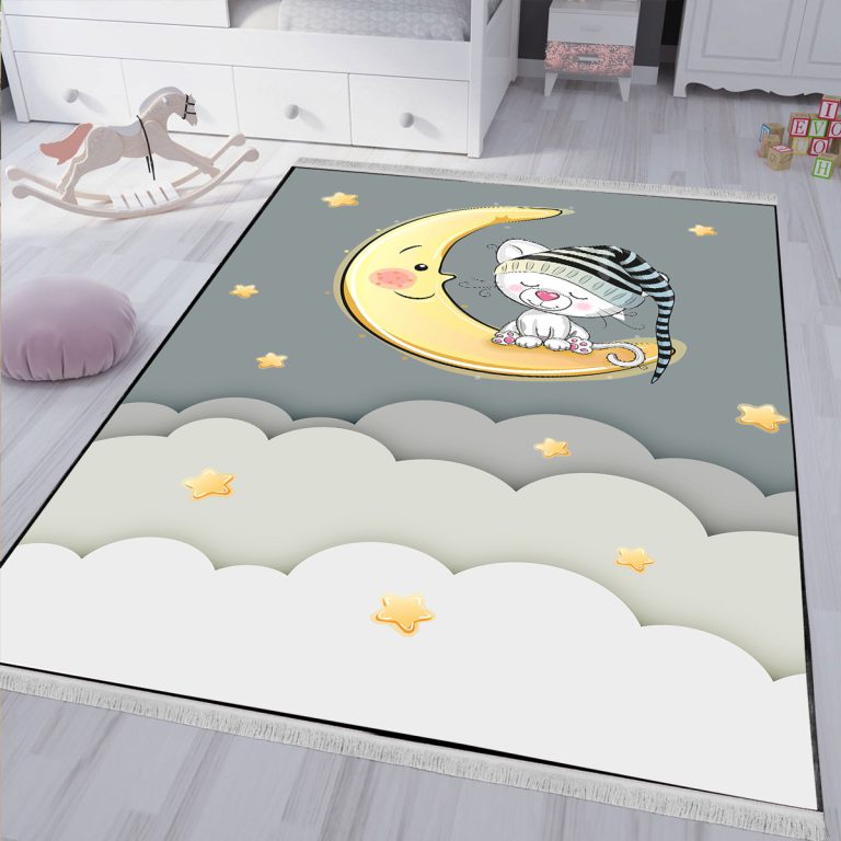 فرش فانتزی طرح خرسی و ماه برای اتاق کودک