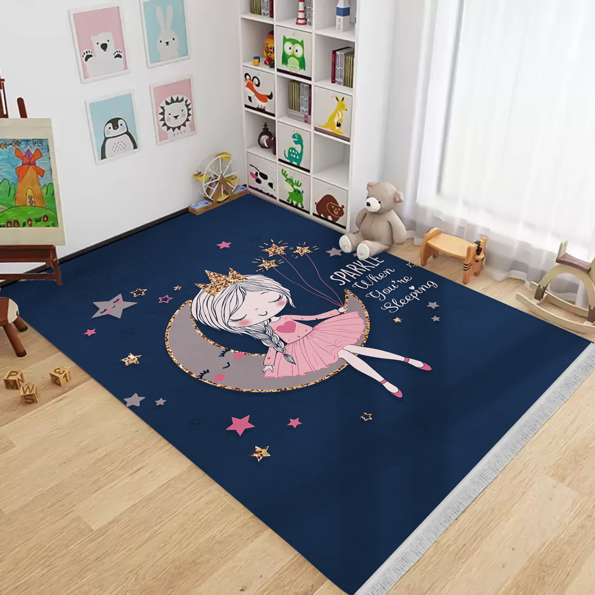 فرش فانتزی اتاق دختر طرح پرنسس ماه و ستاره در شب