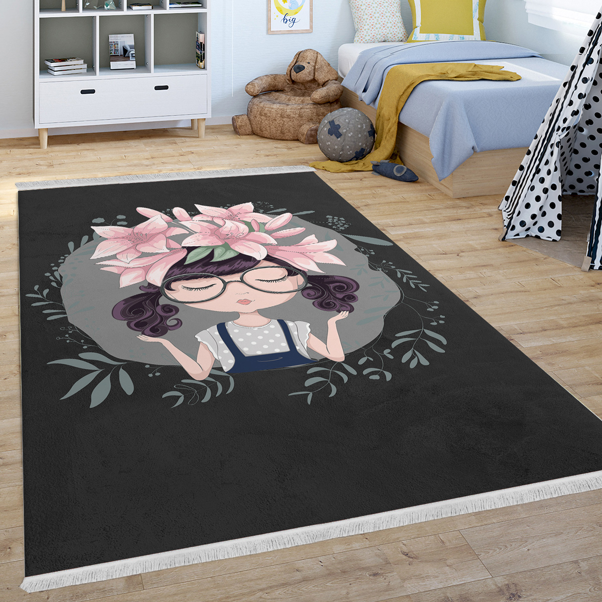 فرشینه فانتزی اتاق دخترانه رنگ تیره طرح دخترک