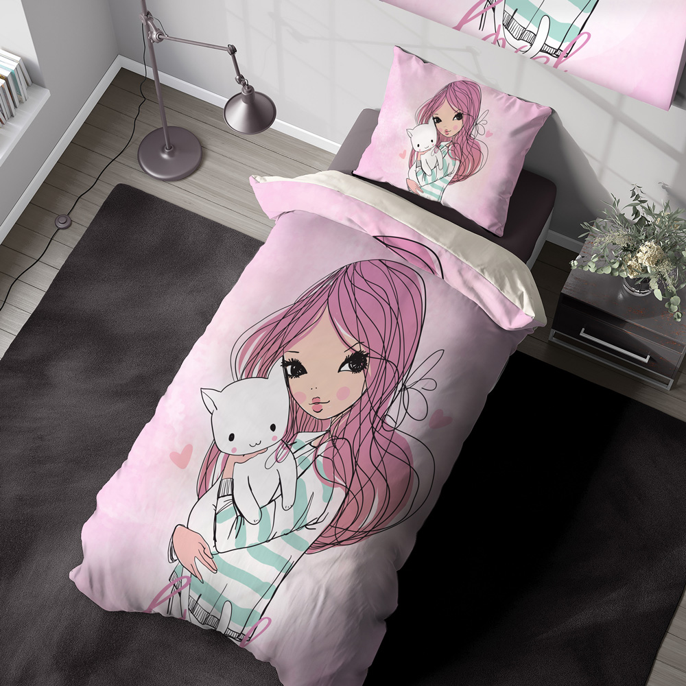 ست روتختی اتاق دختر طرح دخترک مو صورتی با گربه سفید