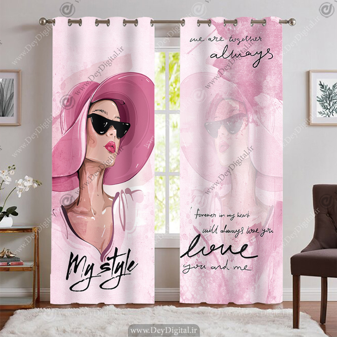 پرده پانچی دخترانه طرح چهره زن کلاهی رنگ صورتی