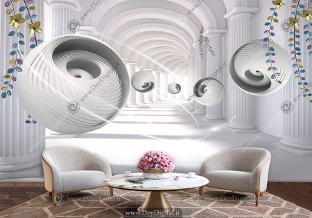 پوستر دیواری سه بعدی عمق دار با گوی های نقره ای