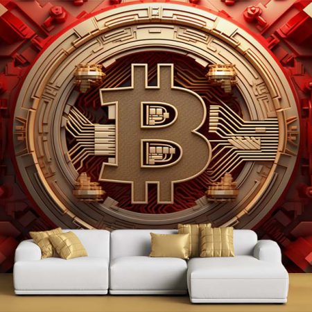 پوستر سه بعدی بیتکوین رنگ قرمز طلایی برای آموزشگاه ارز دیجیتال