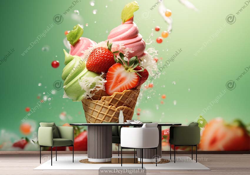 پوستر دیواری سه بعدی برای بستنی فروشی طرح بستنی و توت فرنگی