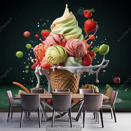 پوستر دیواری سهبعدی میوه و بستنی با زمینه تیره