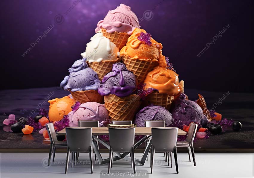 کاغذ دیواری سه بعدی طرح انواع بستنی پرتقالی و وانیلی و بلوبری