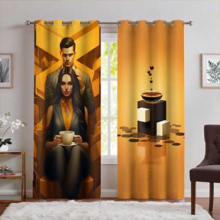 پرده تصویری کافی شاپ طرح خانمی زیبا در حال قهوه خوردن