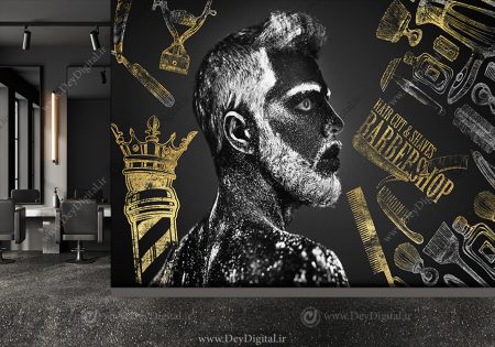 کاغذ دیواری سه بعدی مشکی طلایی طرح مدلینگ برای آرایشگاه مردانه