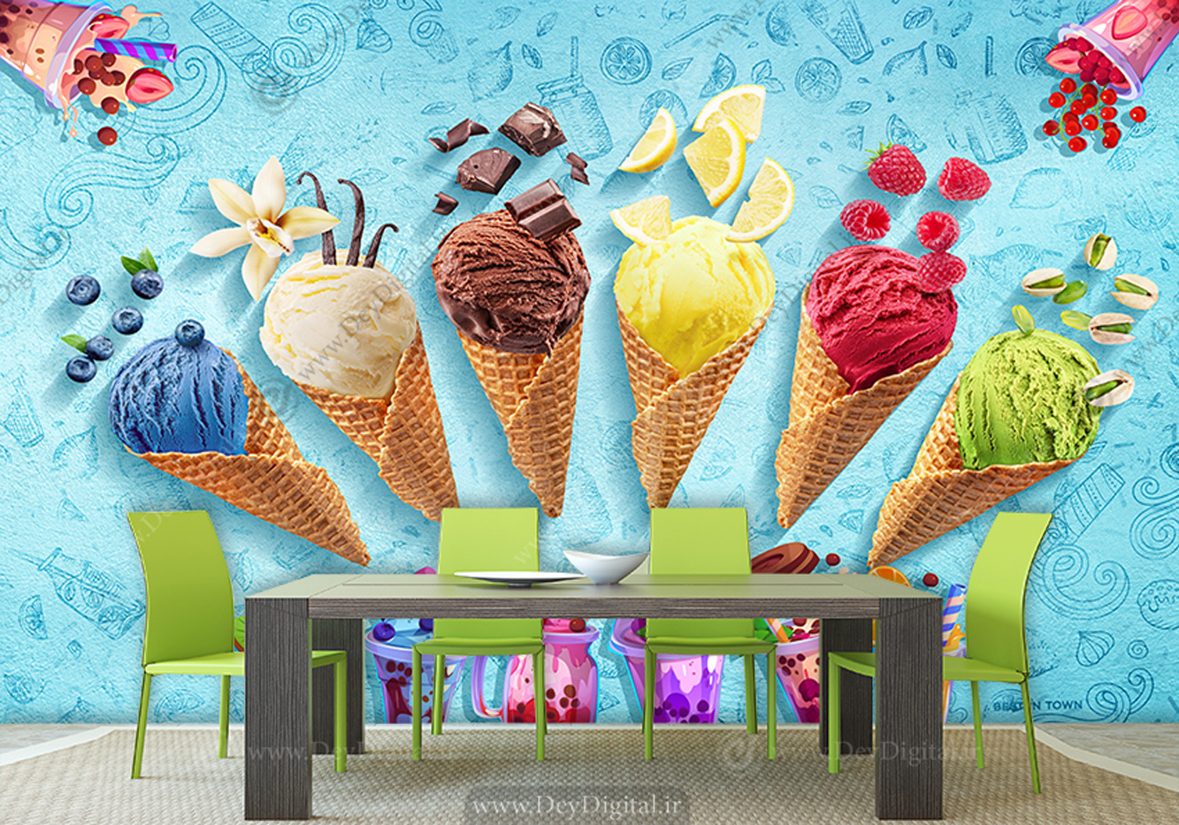 کاغذ دیواری سه بعدی بستنی فروشی طرح بستنی قیفی میوه ای