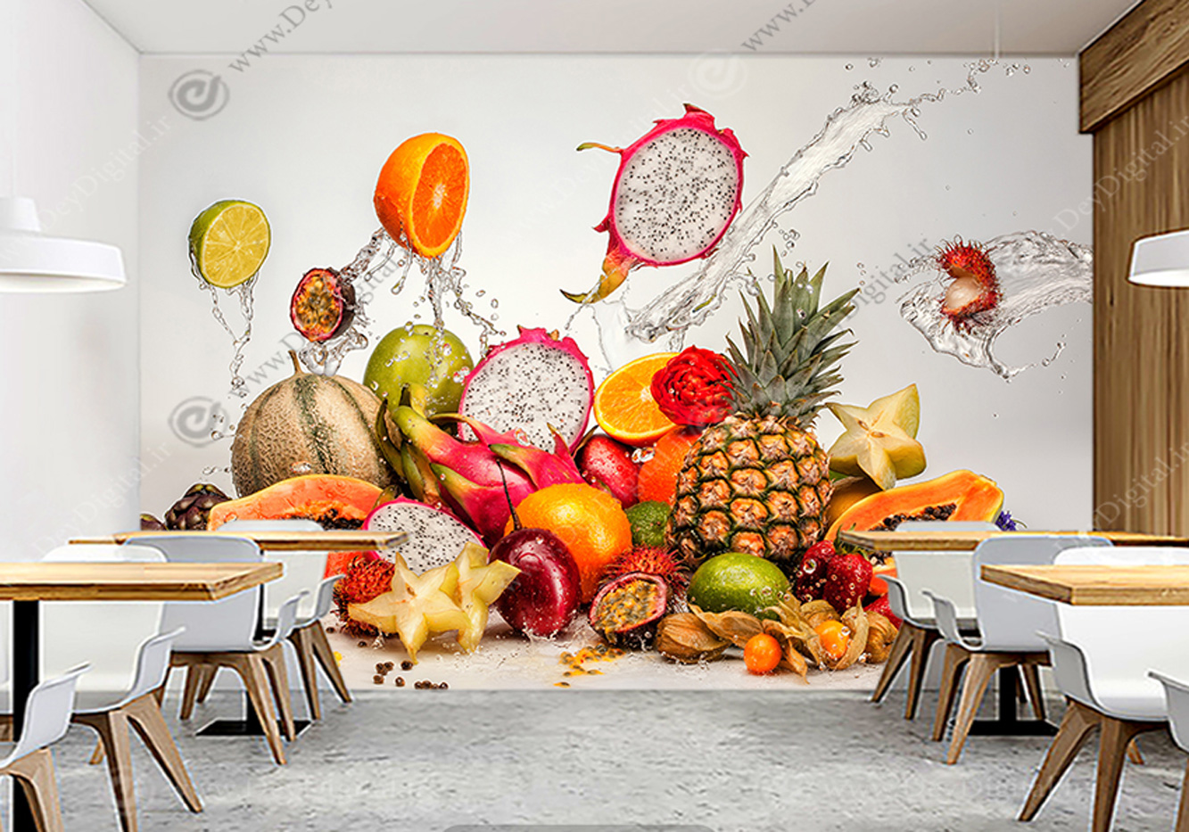 پوستر دیواری آبمیوه فروشی با طرح انواع میوه های استوایی