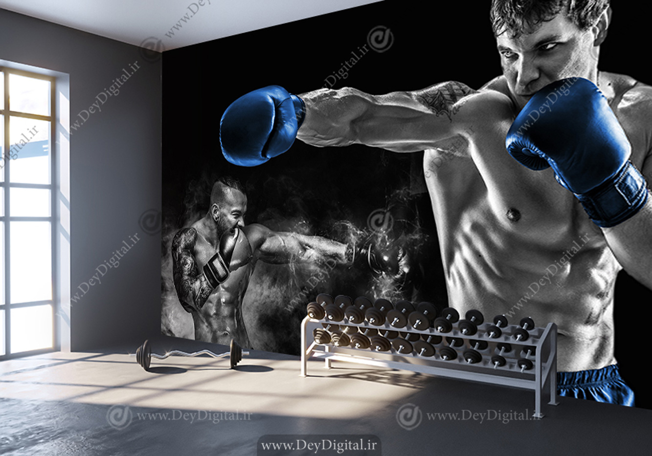 کاغذ دیواری سه بعدی طرح ورزش بوکس و بوکسور با دستکش آبی