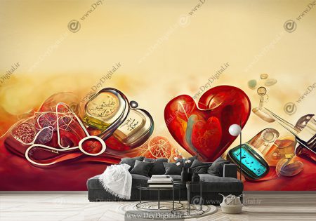 پوستر دیواری سه بعدی طرح وکتوری قلب و گوشی پزشکی