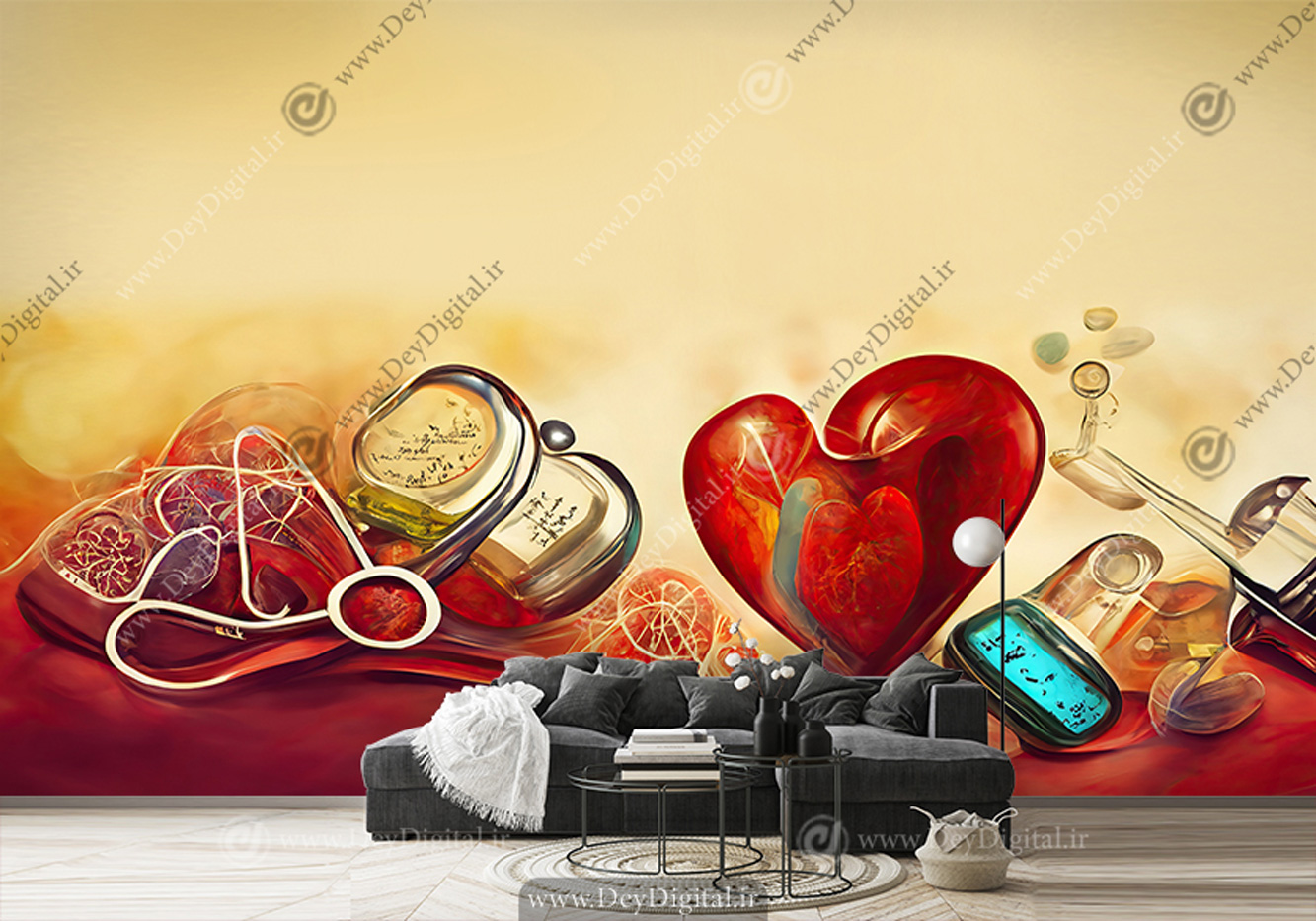 پوستر دیواری سه بعدی طرح وکتوری قلب و گوشی پزشکی