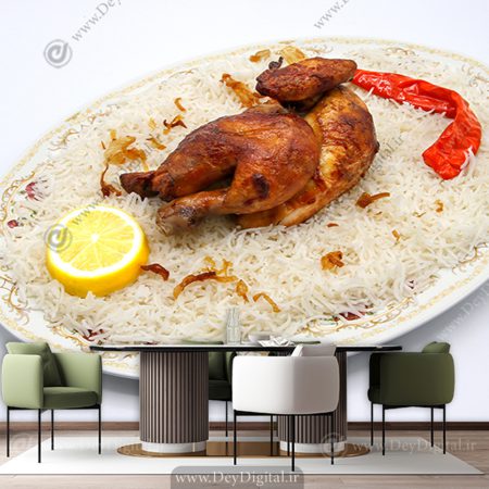 پوستر دیواری سه بعدی مرغ بریونی با برنج برای رستوران